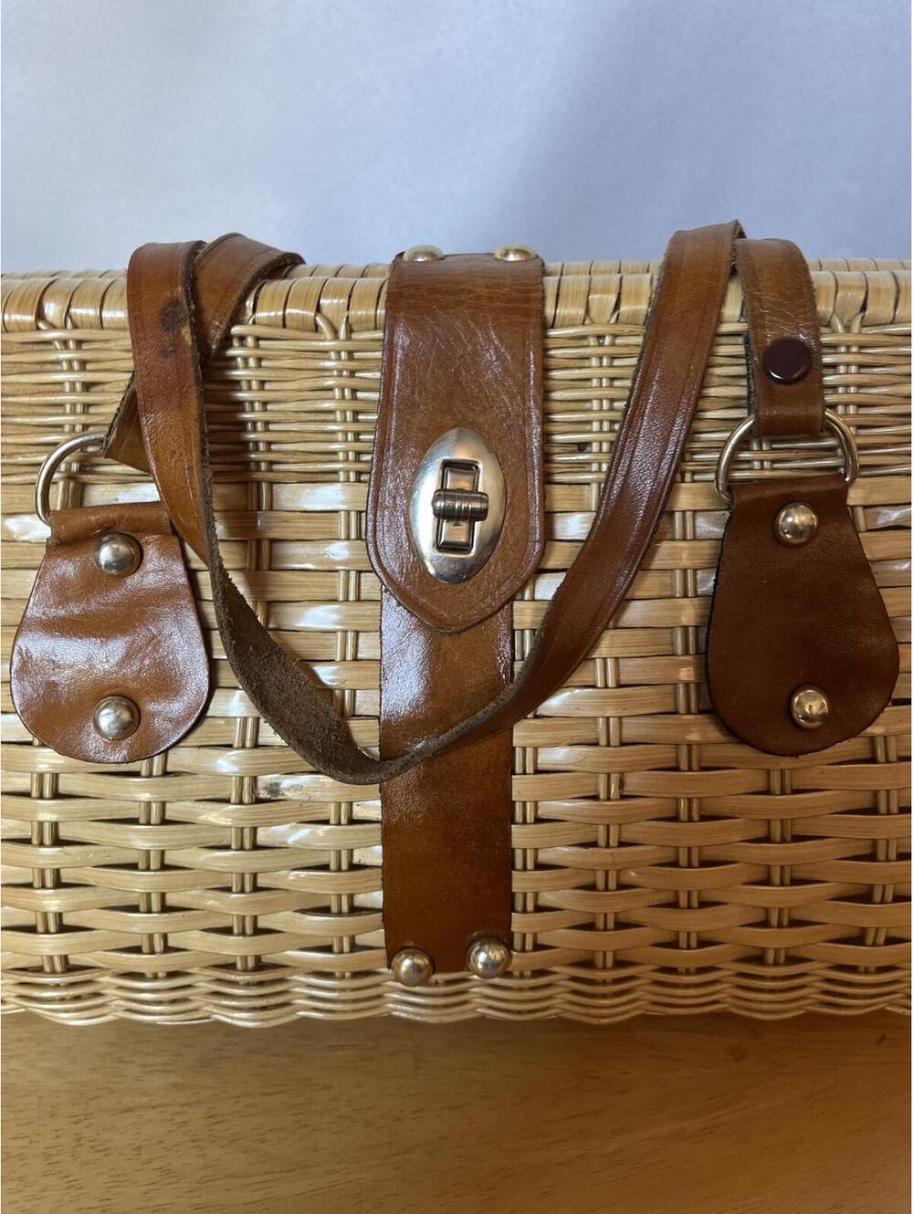 Vintage Bonnie Intl Wicker Basket Handbag with Brown Leather Straps and Clasp